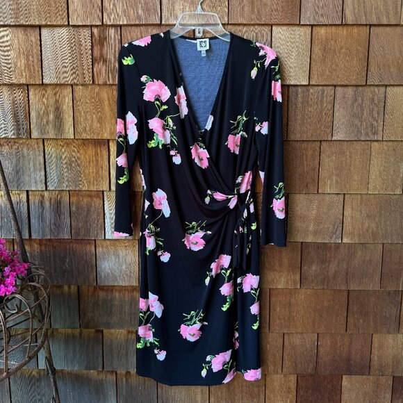 EUC Anne Klein Black Floral Print Stretch Knit Faux Wrap Dress in Women's Large - Picture 1 of 8